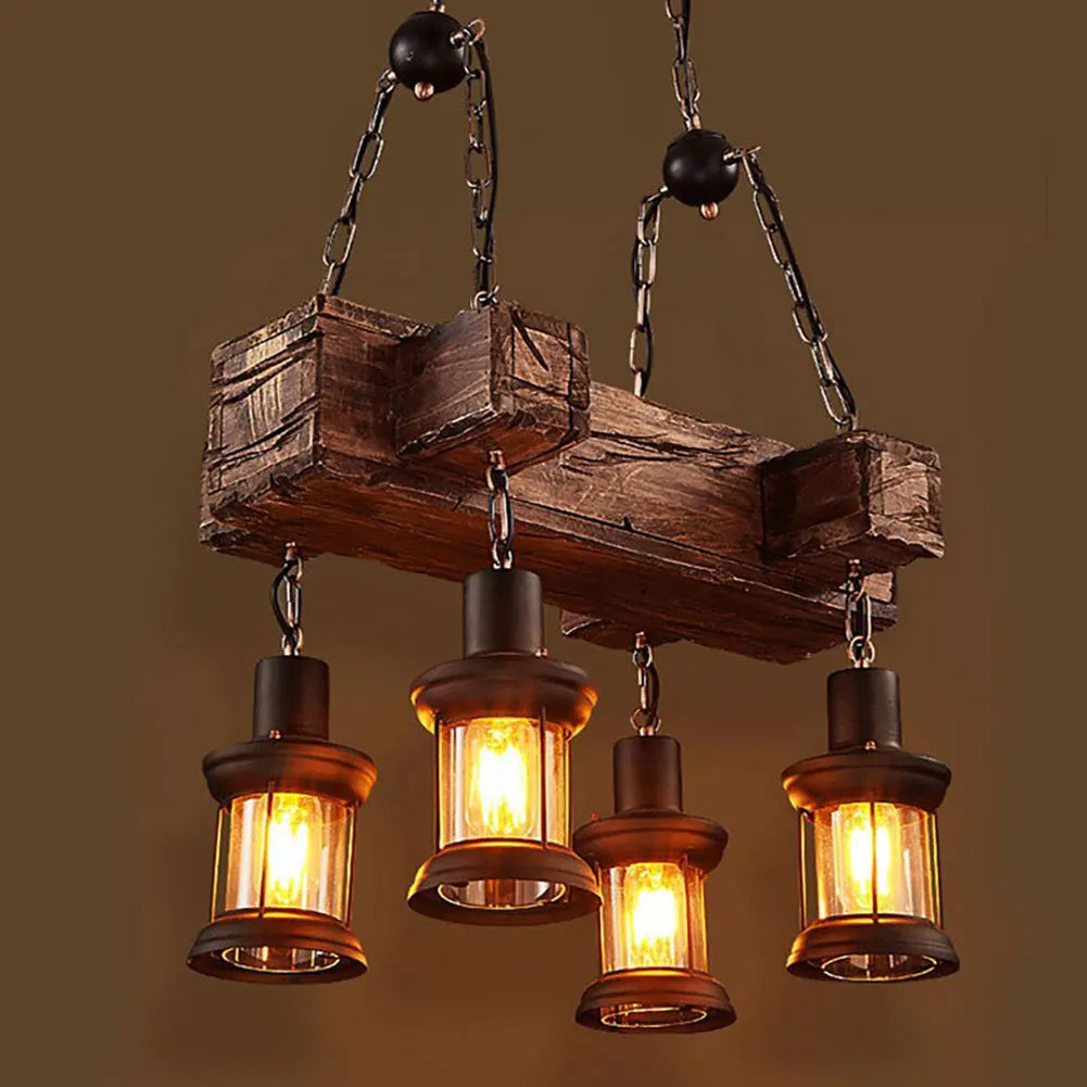 Oukaning vintage lysekrone 4 lamper i industrielt trædesign til ophængning