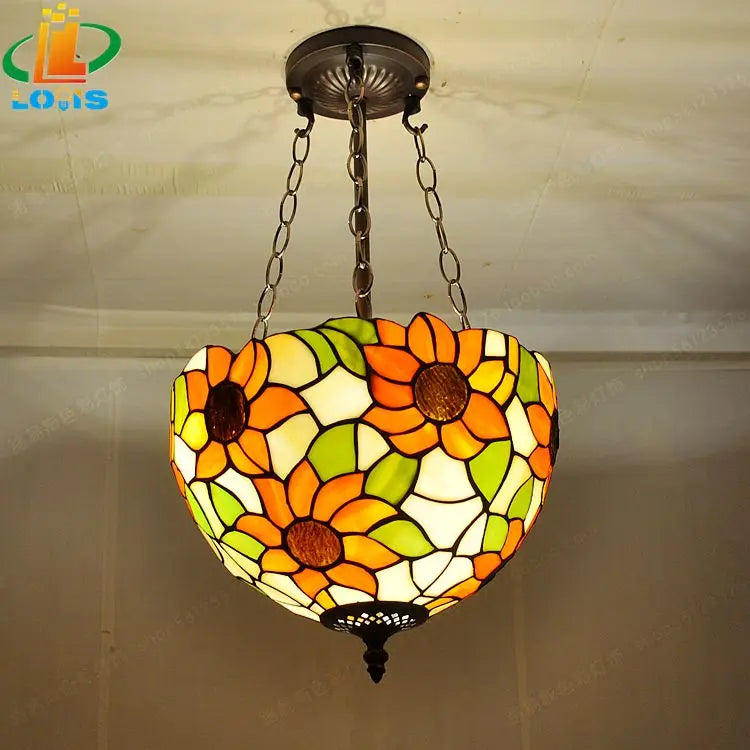 Tiffany-loftlampe i glas med solsikker til retroindretning