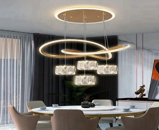 Moderne LED-armatur, dæmpbar krystal-pendellampe med 4 hoveder, farveskiftende semi-indbygget lys, med installationshardware, til spisestue, soveværelse, stue, gang, strømforsyning 110V-240V