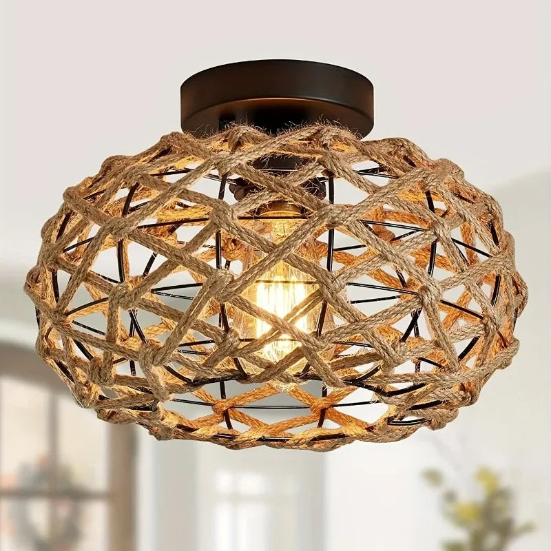 Halvt forsænket loftlampe i flettet rattan – fletkurvsdesign i metal til køkken, stue, soveværelse, café, bar, bondehusindretning