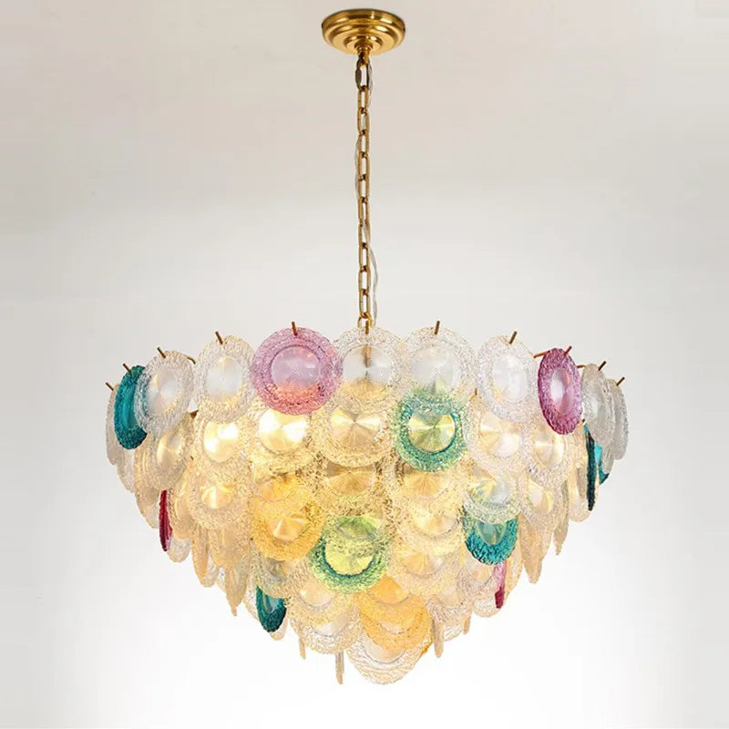 Postmoderne LED-lysekrone i jern og farvet glas