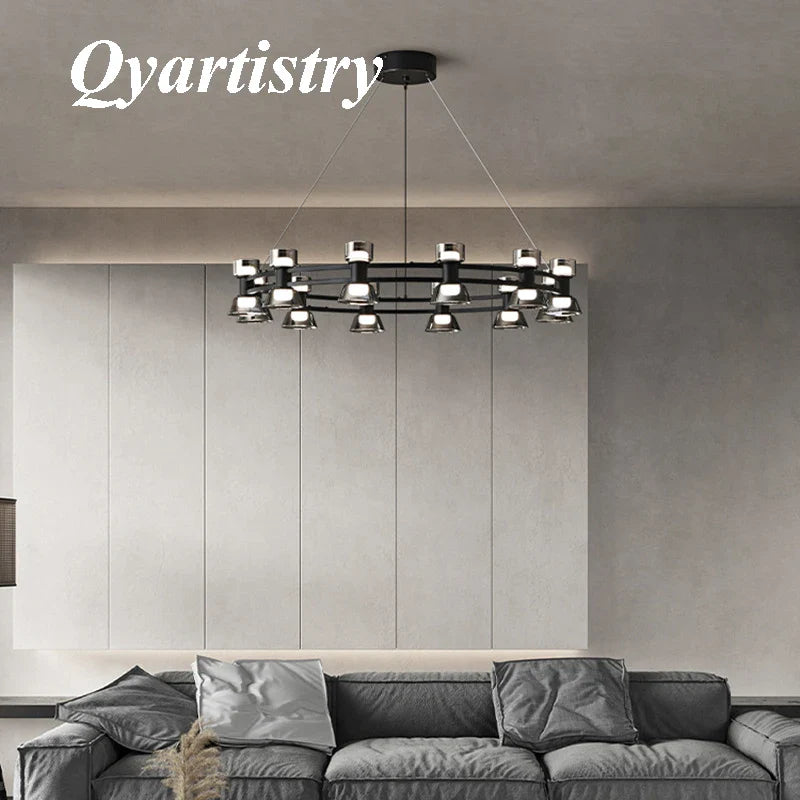 Postmoderne LED-lysekrone med kugleformet pendel i glas