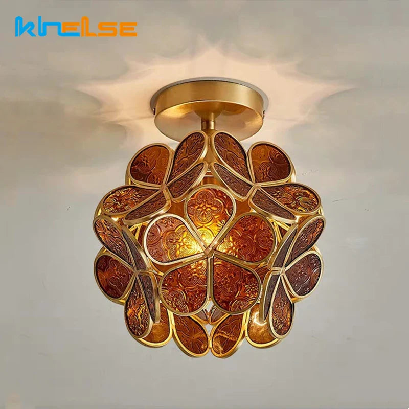 Kobberbelyst vintage lysekrone i glas