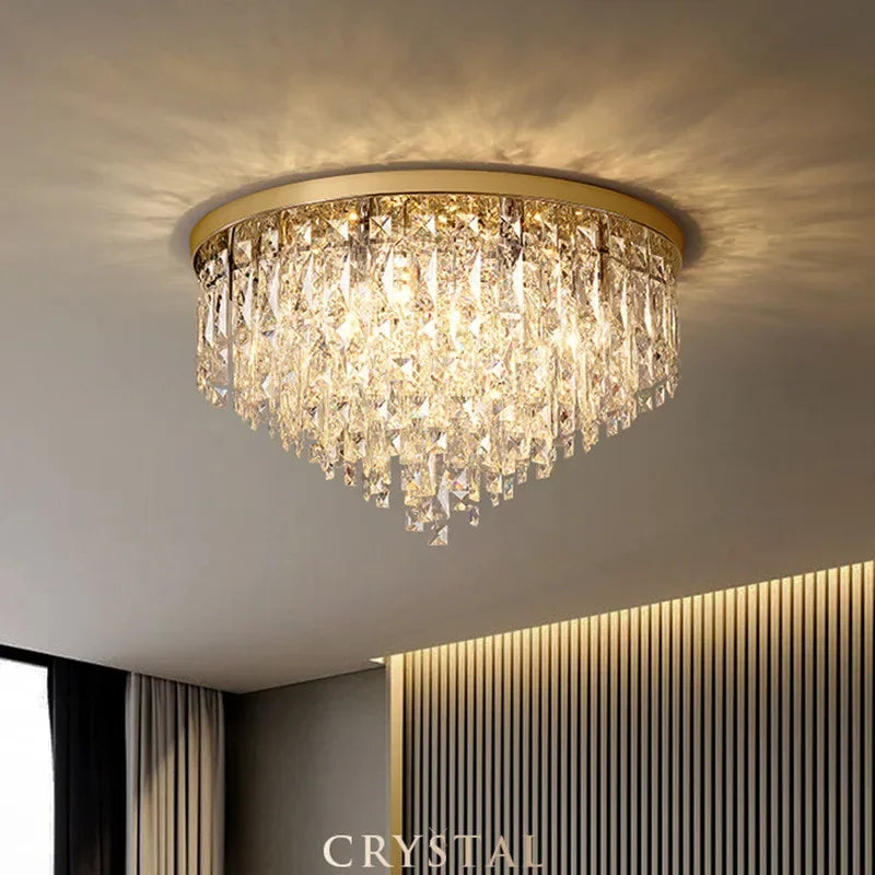 moderne LED-lysekrone i stål med art deco-krystaller