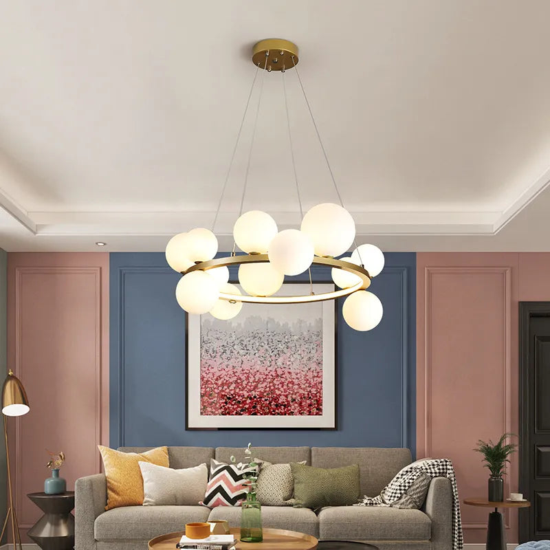 Designer-loftlampe, rund, med kugler i klart LED-glas
