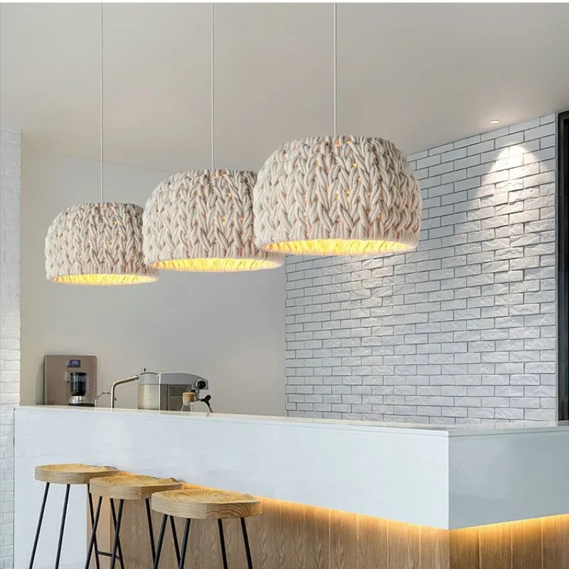 Nordisk Wabi Sabi E27 pendel LED strikket reb minimalisme hængelampe Lysekrone spisestue lamper belysning