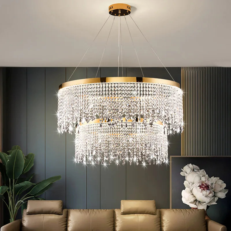 Moderne krystallysekrone, cirkulært design, luksus pendelbelysning
