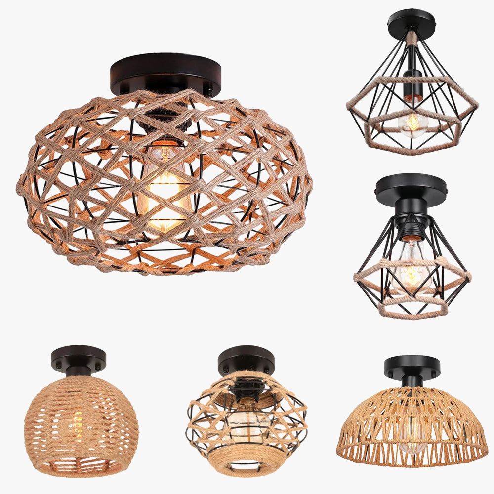 Elegant, vævet loftlampe i naturlige materialer.