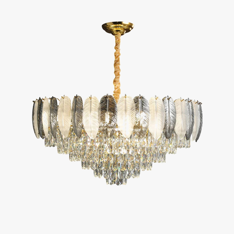 LED-pendel i art deco-stil med krystal og hvide og grå fjer